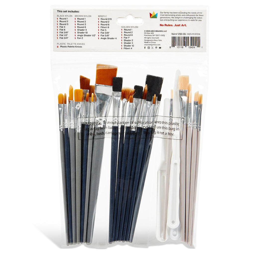 Studio Brush Set - Black & Brown Nylon & White Bristle - 35 Pieces
