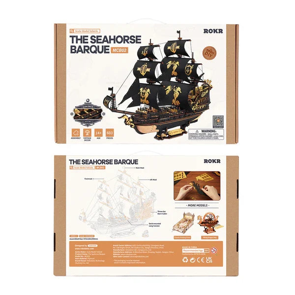 The Seahorse Barque Model Ship – 3D Wooden Puzzle by ROKR/Robotime | DIY Mechanical Ship Kit